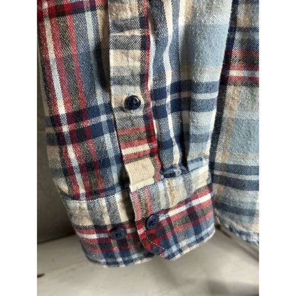 Merona Mens Flannel Shirt Sz Med. Button Down Cotton Long Sleeve Blue Red Tan - Picture 3 of 11